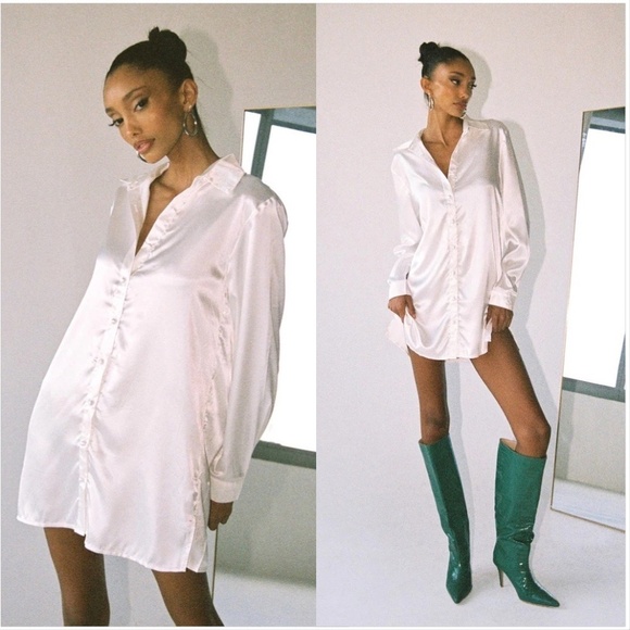 PRINCESS POLLY 90210 Satin Silky Button Down Shirt Mini Dress in White Size 0 - Picture 2 of 9